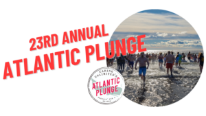 23rd annual Atlantic Plunge for Caring Unlimited logo and image of people running into the ocean. 