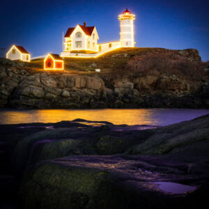 Nubble Lighthouse decorated for the holidays, York Beach, ME, by Steve Schmidt