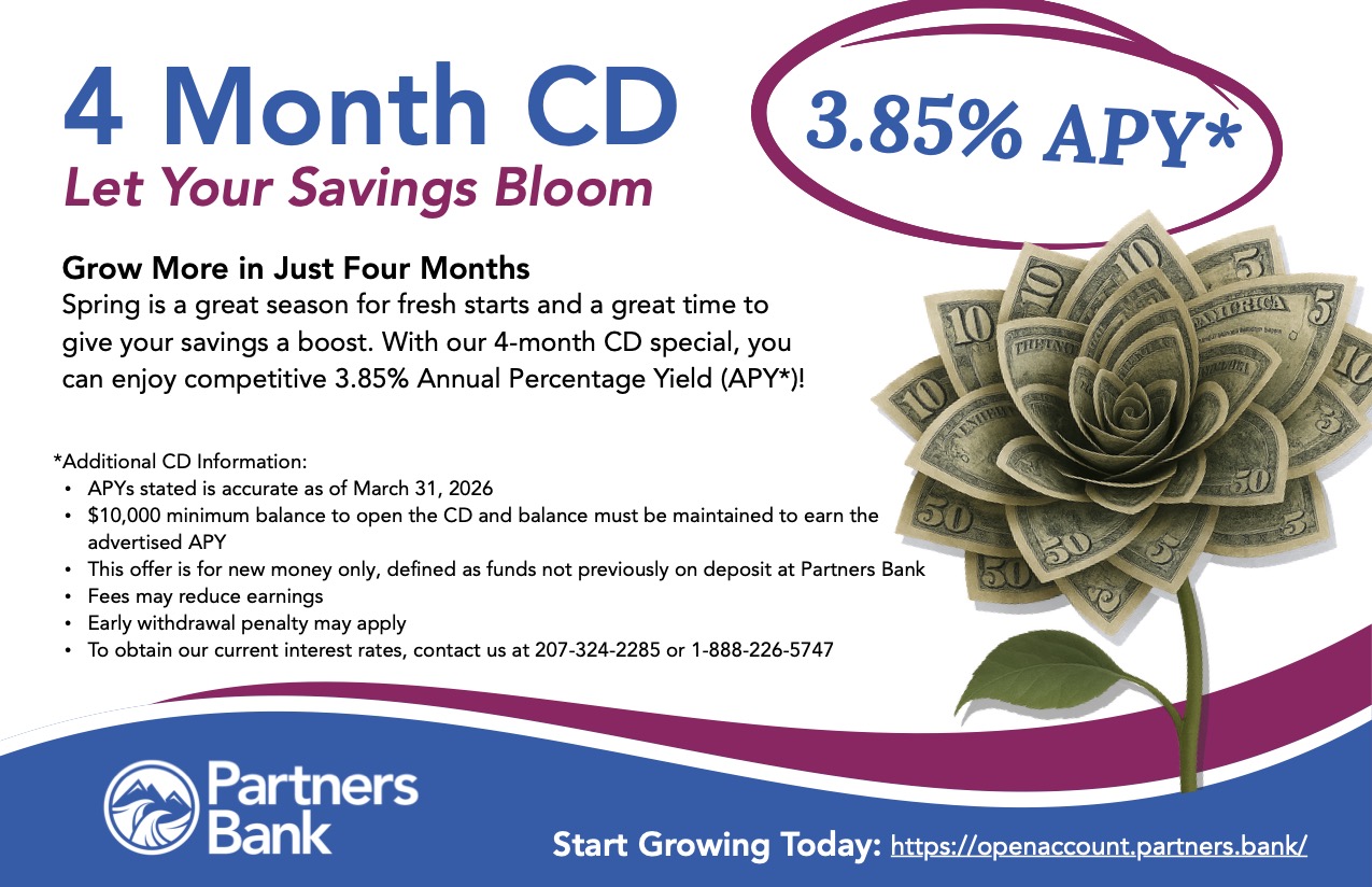 Partners Bank 4 Month CD Promo Graphic with CD information and CD Rates